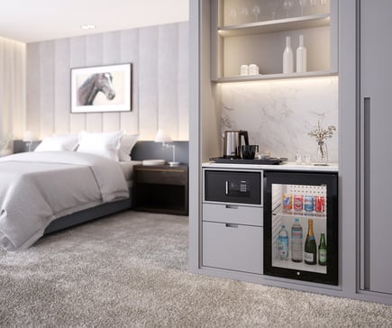 The minibars of the JVD catalog are designed to integrate with elegance in hotel spaces.